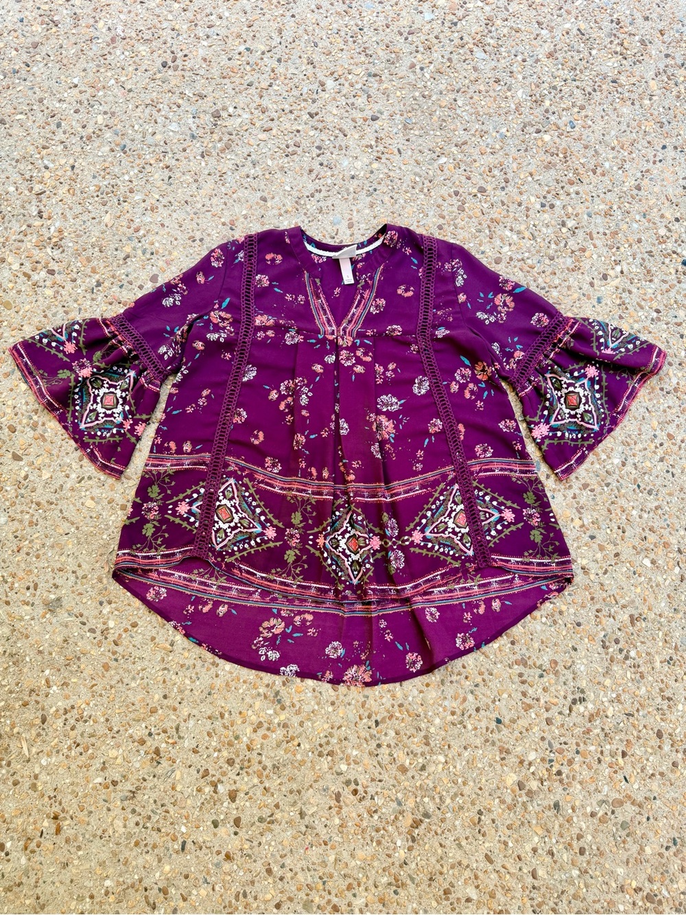 Knox Rose Peasant Bell Sleeve Crochet Floral Oversized Blouse Size S